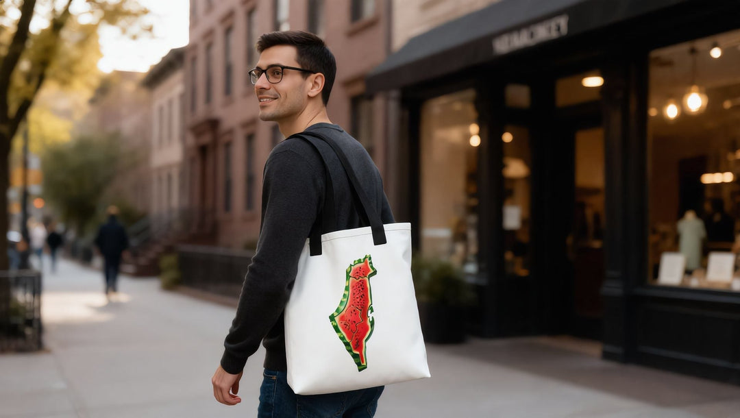 Man carrying a Palestine Watermelon tote bag on a Brooklyn street