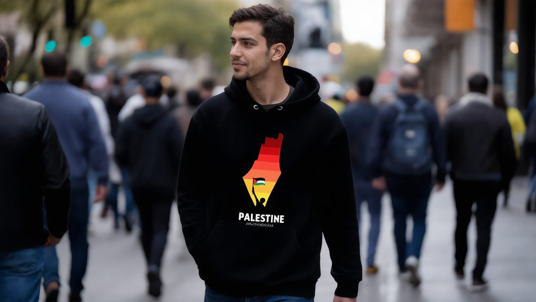 Man in a black Palestine Map hoodie on Steinway Street in Astoria, Queens