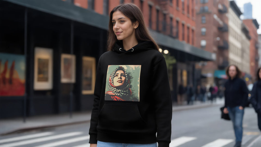 Woman in a black Palestine Hope poster-art hoodie in the Chelsea gallery district, New York