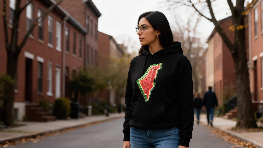 Woman in a black Palestine Watermelon map hoodie on a brick row house street in Paterson, New Jersey
