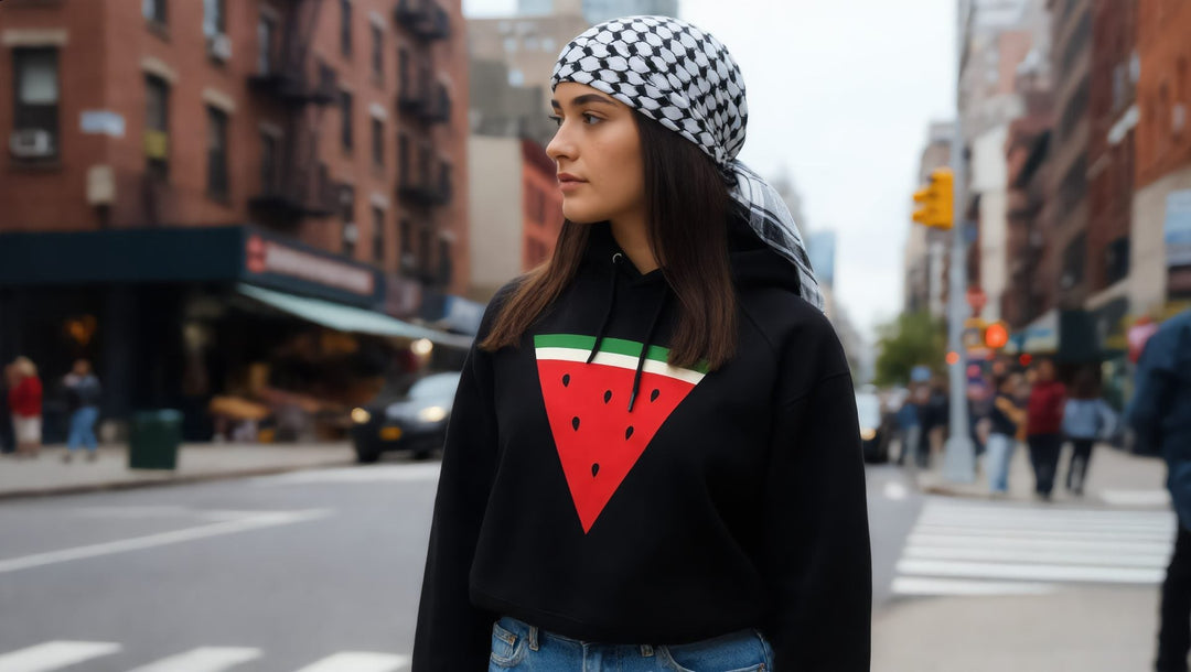 Woman in a black Triangle Watermelon hoodie on Atlantic Avenue in Brooklyn