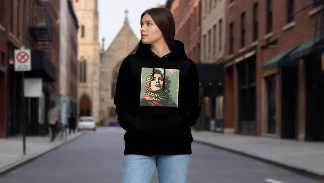 Woman in a Palestine Hope hoodie near an old church in Brooklyn Heights
