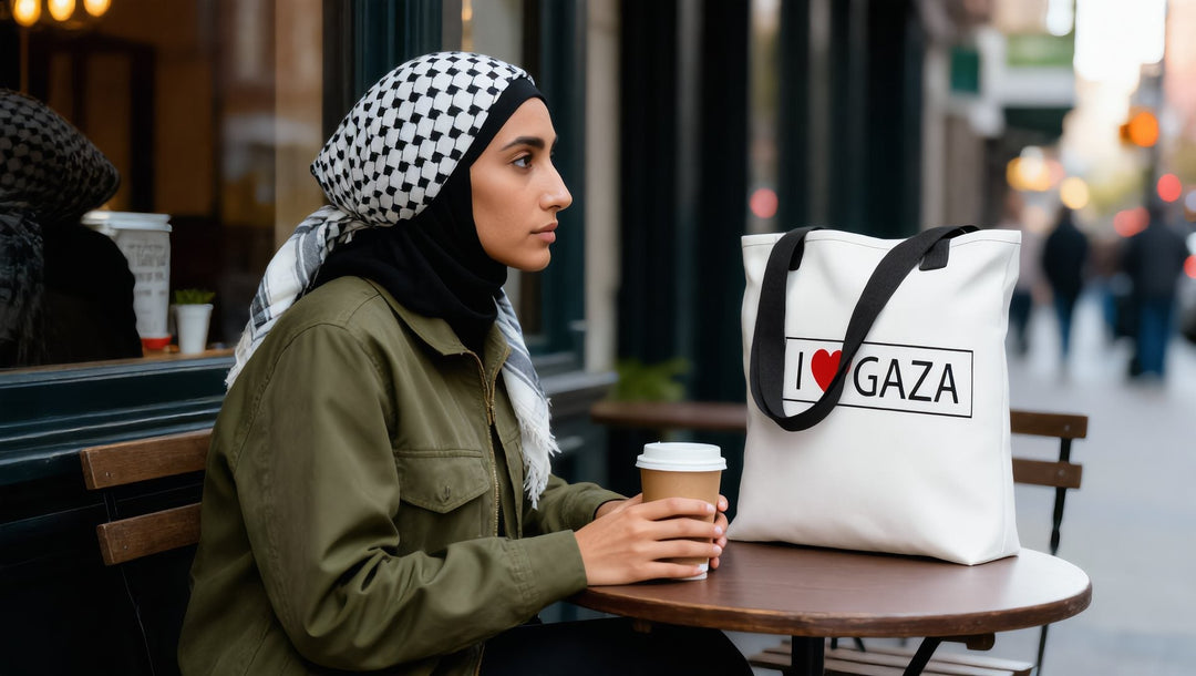 Woman with coffee and an I Love Gaza tote at a café in Greenwich Village, New York