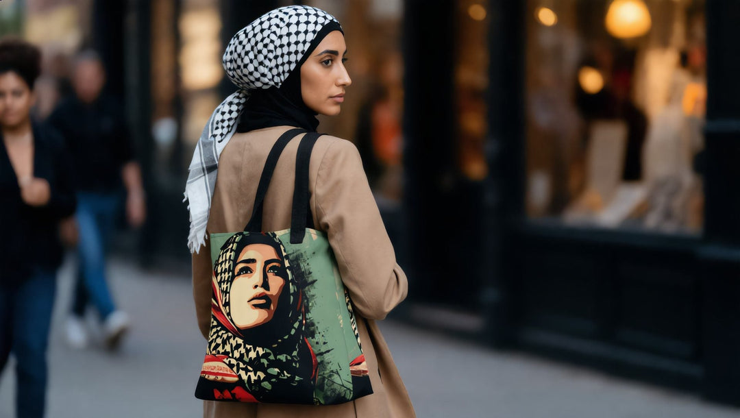 Woman carrying a Palestine Hope tote bag on Bleecker Street, Greenwich Village, New York