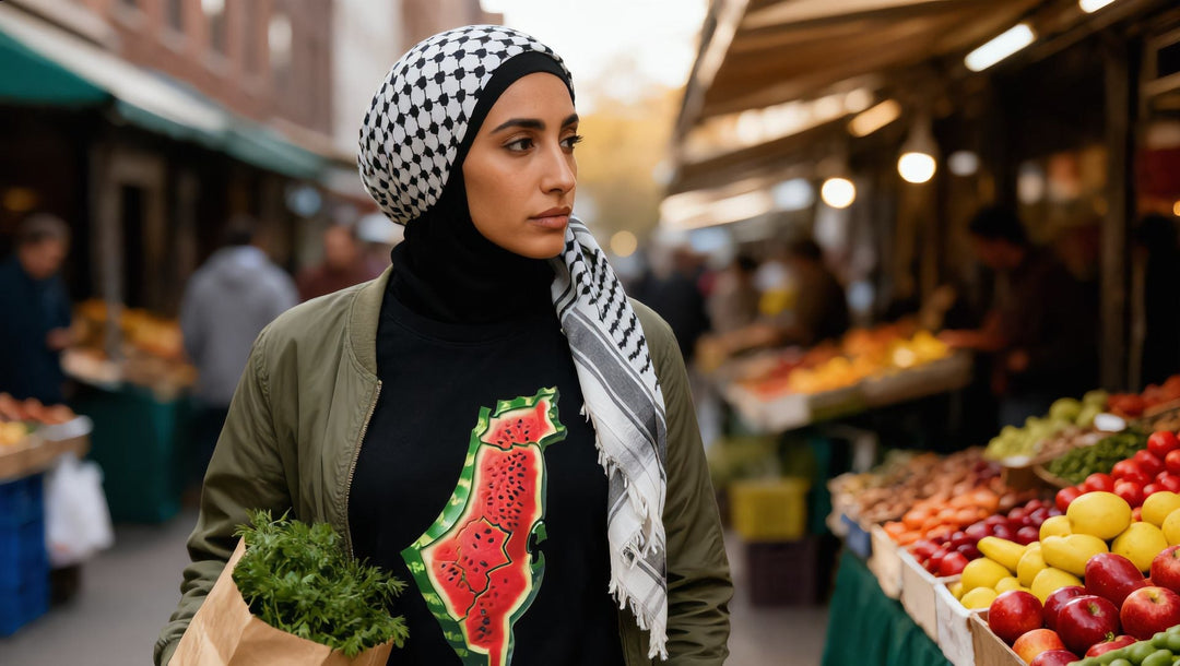 Woman shopping for herbs at a produce market in Astoria, Queens, in a watermelon map t-shirt