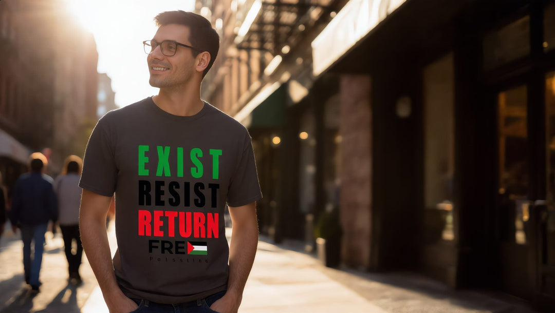 Man in a grey Exist Resist Return t-shirt on a street in the East Village, New York