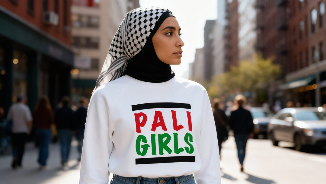 Woman in a white Pali Girls sweatshirt on a sunny street in Jackson Heights, Queens