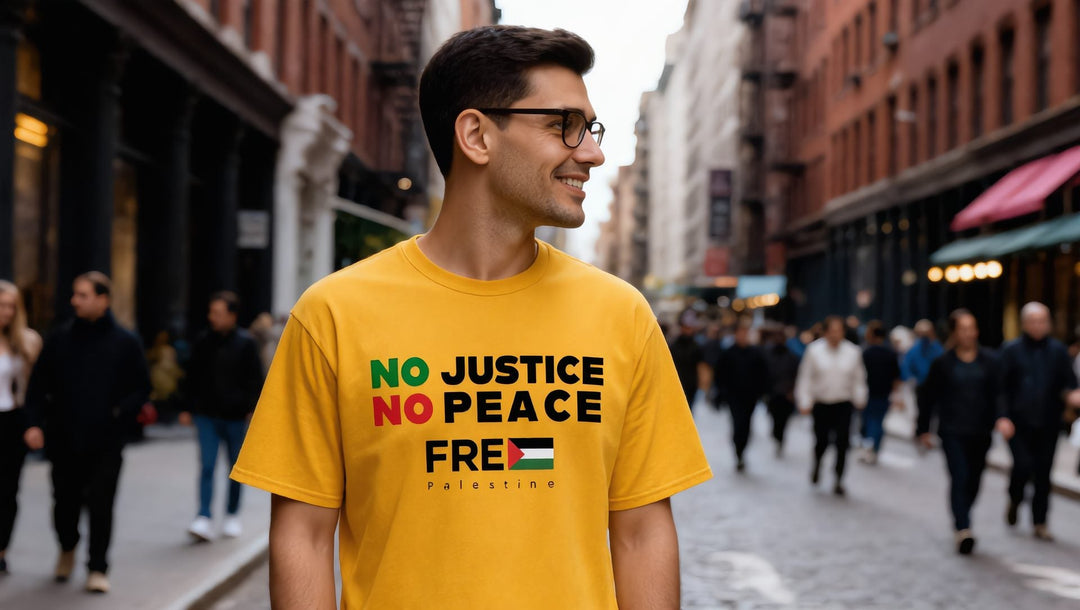 Man in a yellow No Justice No Peace T-shirt on a cobblestone street in SoHo, New York