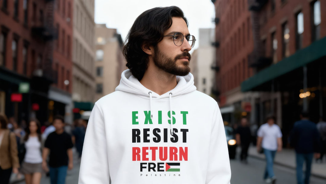 Man in an Exist Resist Return hoodie in Tribeca, New York