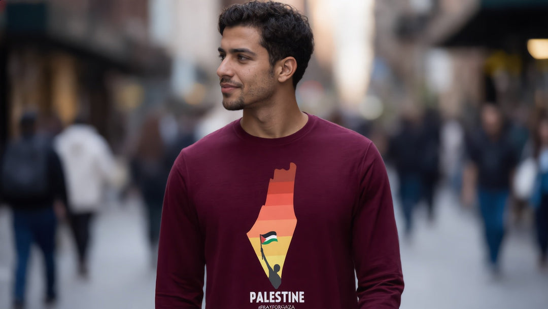 Man wearing a Palestine Map long sleeve tee on Atlantic Avenue, Boerum Hill, Brooklyn