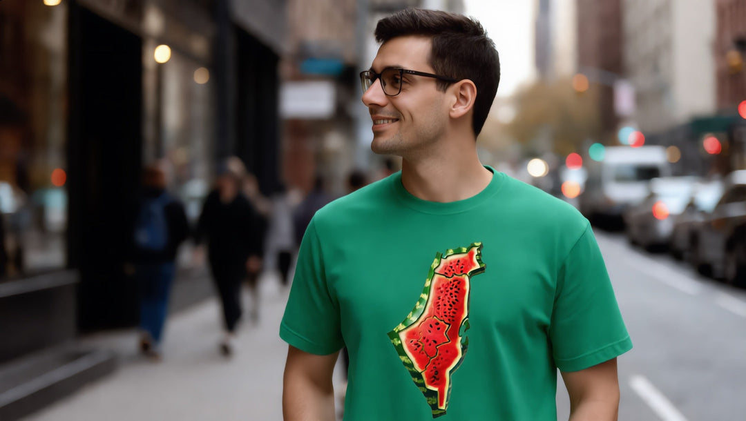 Man wearing a Palestine Watermelon T-shirt on Smith Street, Carroll Gardens, Brooklyn