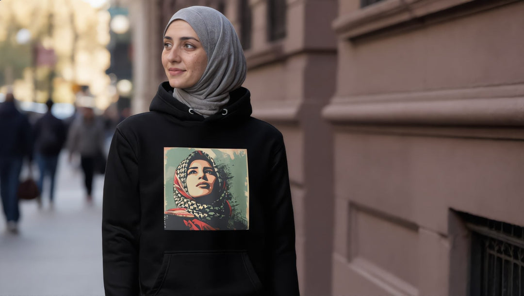 Woman in a black Palestine Hope hoodie on a brownstone street in Harlem, New York