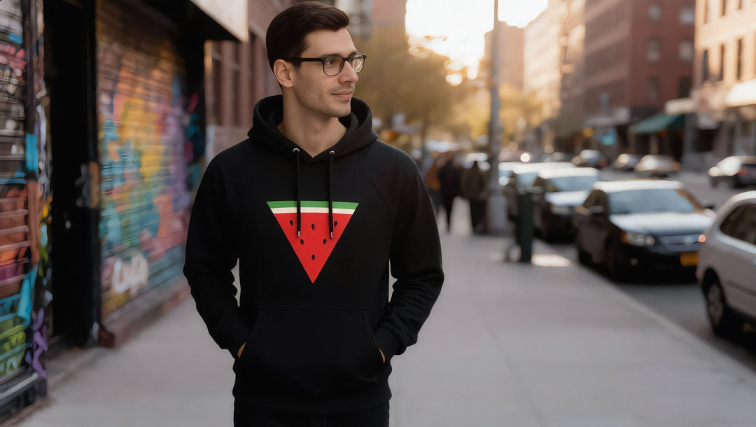 Man in a Triangle Watermelon hoodie walking past murals in Bushwick, Brooklyn