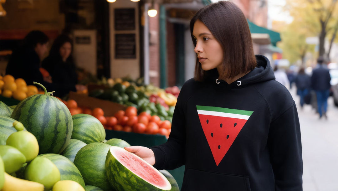 Woman in a Triangle Watermelon hoodie choosing a watermelon at a Brooklyn fruit stand