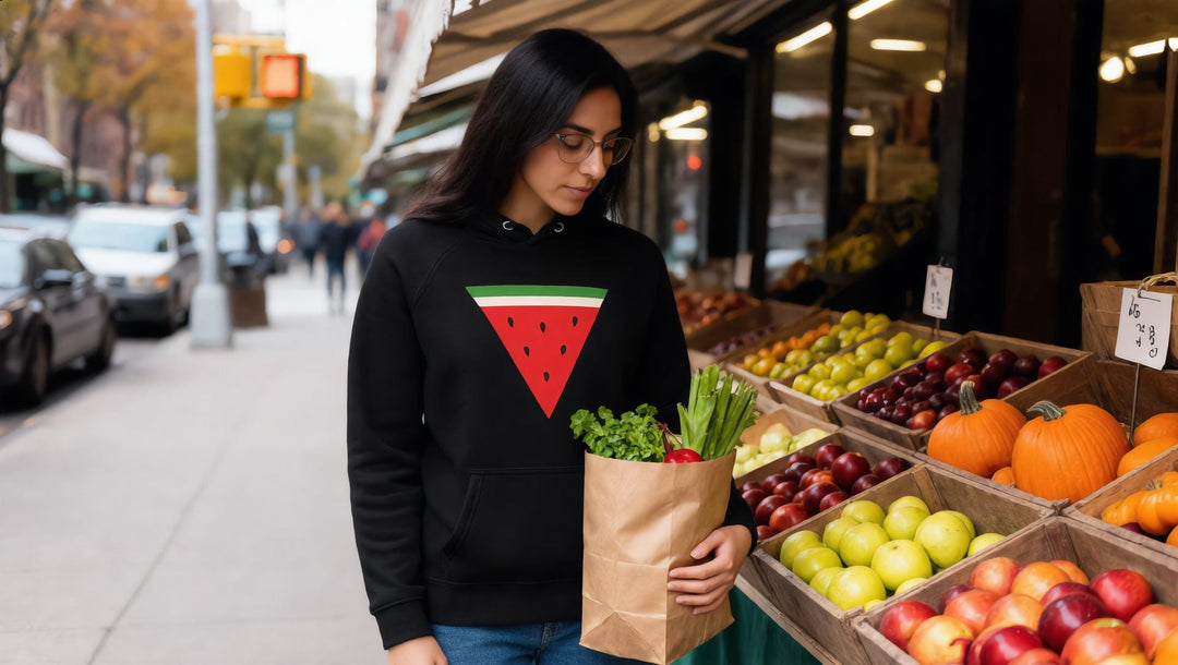 Woman in a Triangle Watermelon hoodie at a New York farmers market
