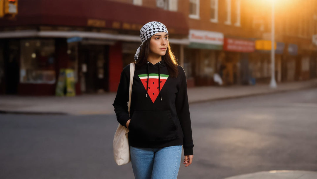 Woman in a Triangle Watermelon hoodie on Steinway Street, Astoria, Queens