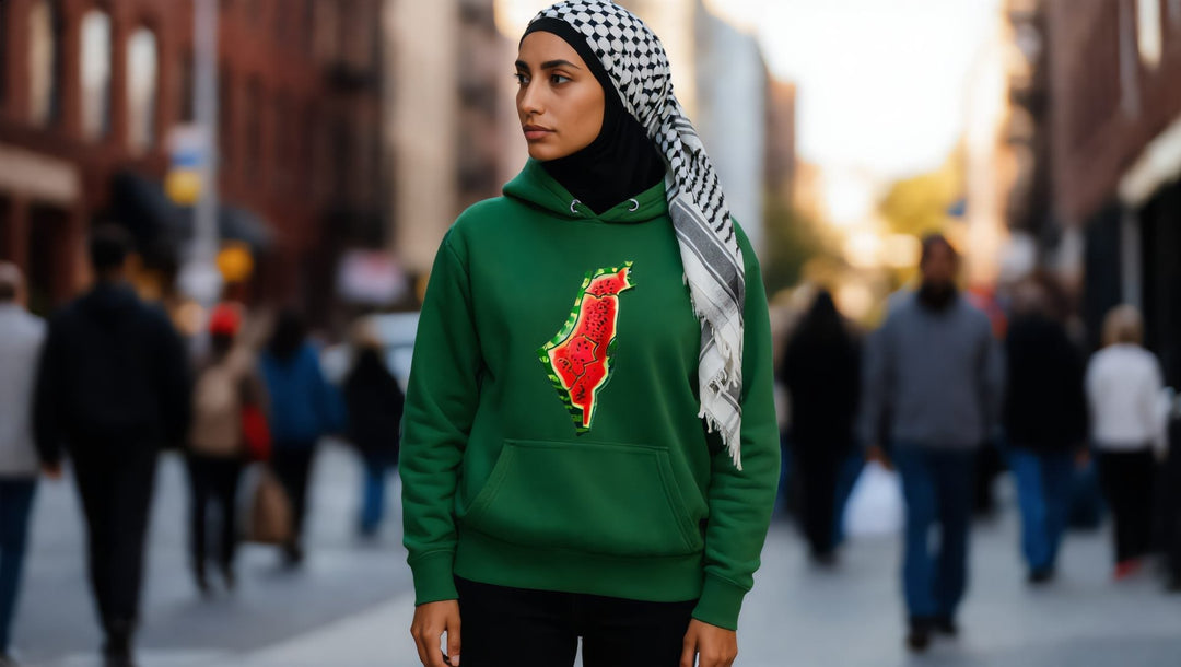 Woman in a green Palestine Watermelon hoodie and keffiyeh on a street in Williamsburg, Brooklyn