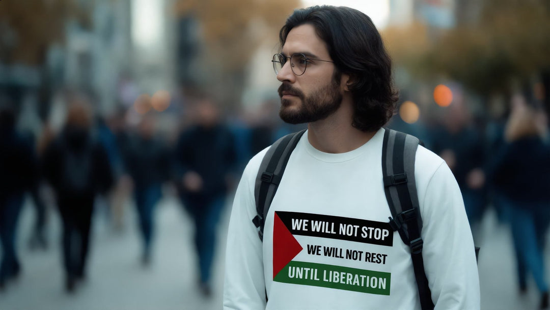 Man in a We Will Not Stop sweatshirt walking near Union Square in New York