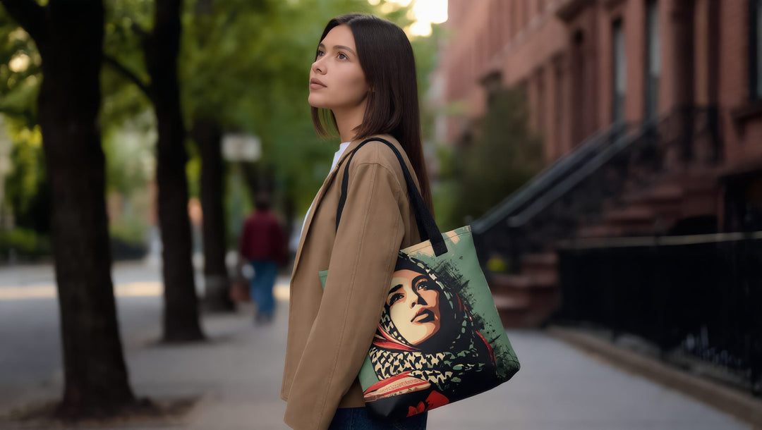 Woman carrying a Palestine Hope tote bag on a street in the West Village, New York