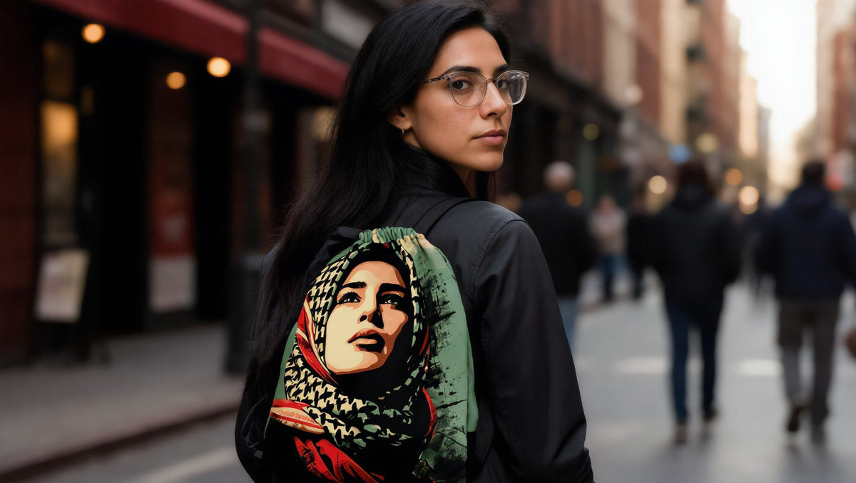 Woman carrying a Palestine Hope drawstring backpack on Bedford Avenue, Williamsburg, New York