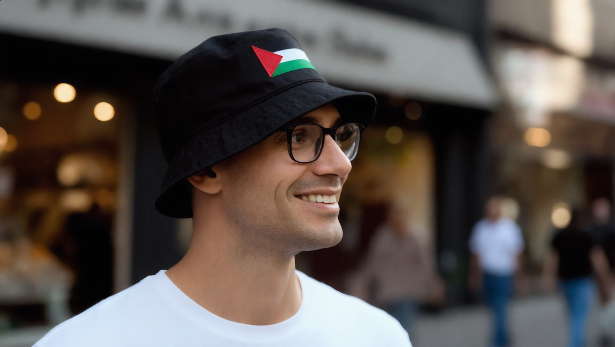 Man wearing a black bucket hat with an embroidered Palestine flag in SoHo, New York