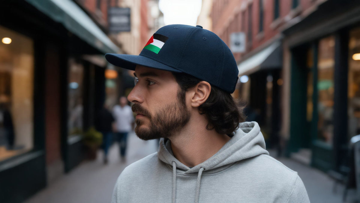 Man wearing a navy snapback with an embroidered Palestine flag in Nolita, New York