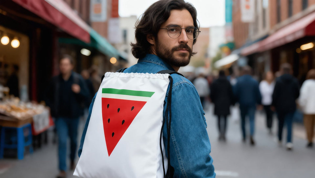 Man carrying a watermelon drawstring bag on Fulton Street, Brooklyn, New York