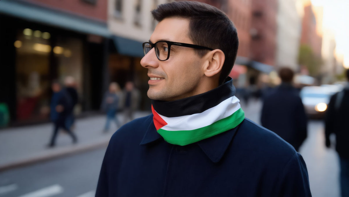 Man wearing a Palestine flag neck gaiter with a navy coat on Bedford Avenue, Williamsburg