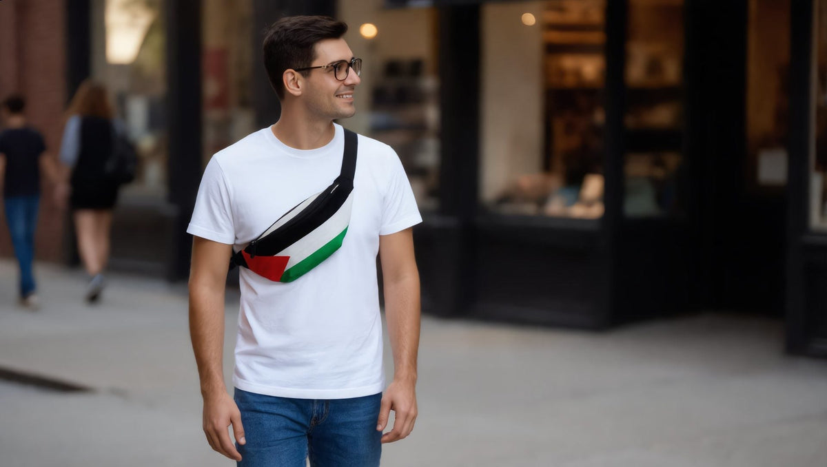 Man wearing a Palestine flag fanny pack on Court Street, Brooklyn, New York