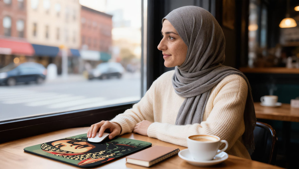 Woman at a café window with a Palestine Hope mouse pad in the East Village, New York