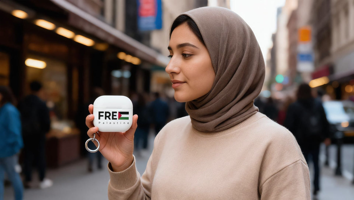 Woman holding a Free Palestine AirPods Pro case near Union Square, New York