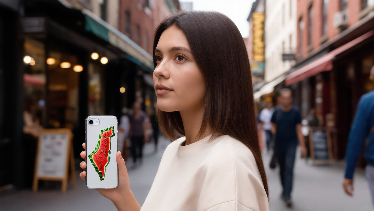 Woman holding an iPhone in a clear watermelon map case in Greenwich Village, New York