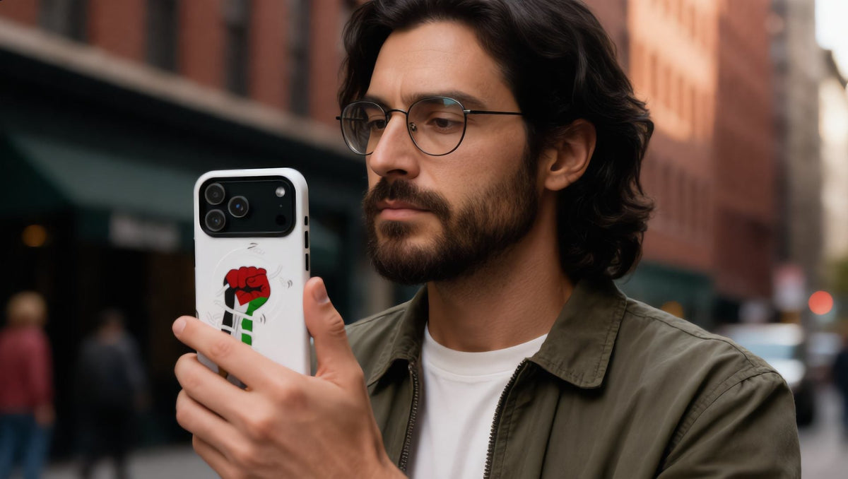 Man holding an iPhone 18 Pro Max in a Palestine Hand tough case in Tribeca, New York