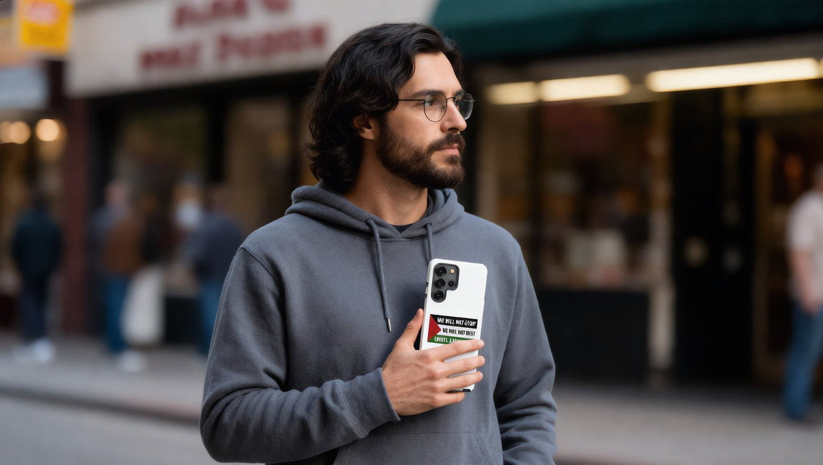 Man holding a Samsung phone in a We Will Not Stop tough case in Astoria, Queens