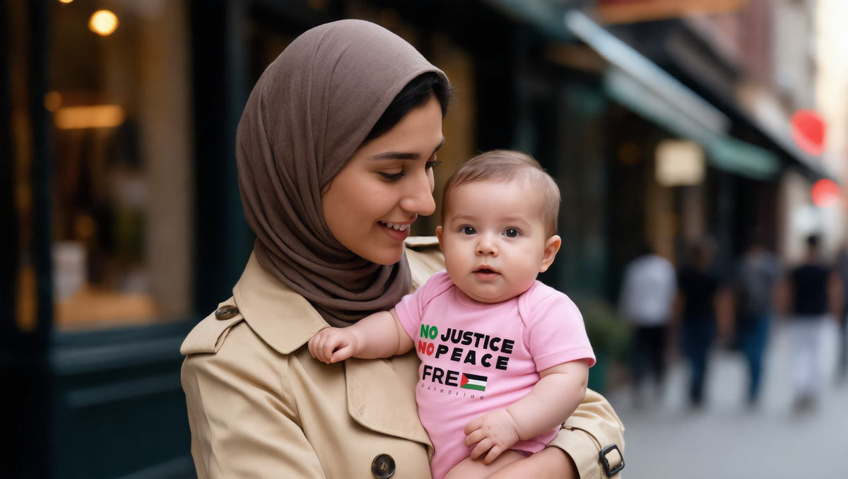 Mother holding a baby in a pink No Justice No Peace baby bodysuit on Court Street, Brooklyn