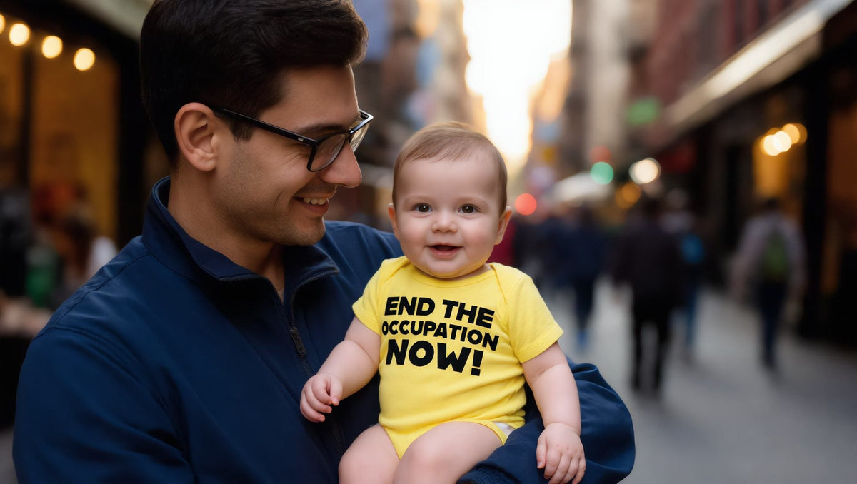 Father holding a baby in a yellow End the Occupation Now baby one-piece on the Upper West Side, New York