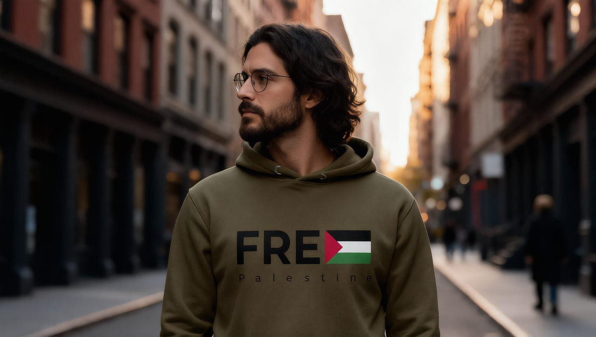 Man wearing an olive Free Palestine hoodie on a SoHo street, New York