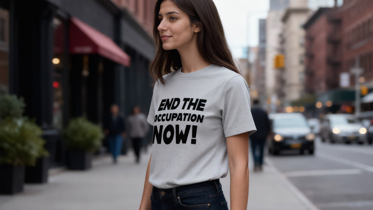 Woman wearing an End the Occupation Now T-shirt on Hudson Street, West Village, New York