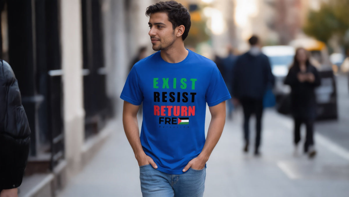 Man wearing an Exist Resist Return T-shirt on Orchard Street, Lower East Side, New York