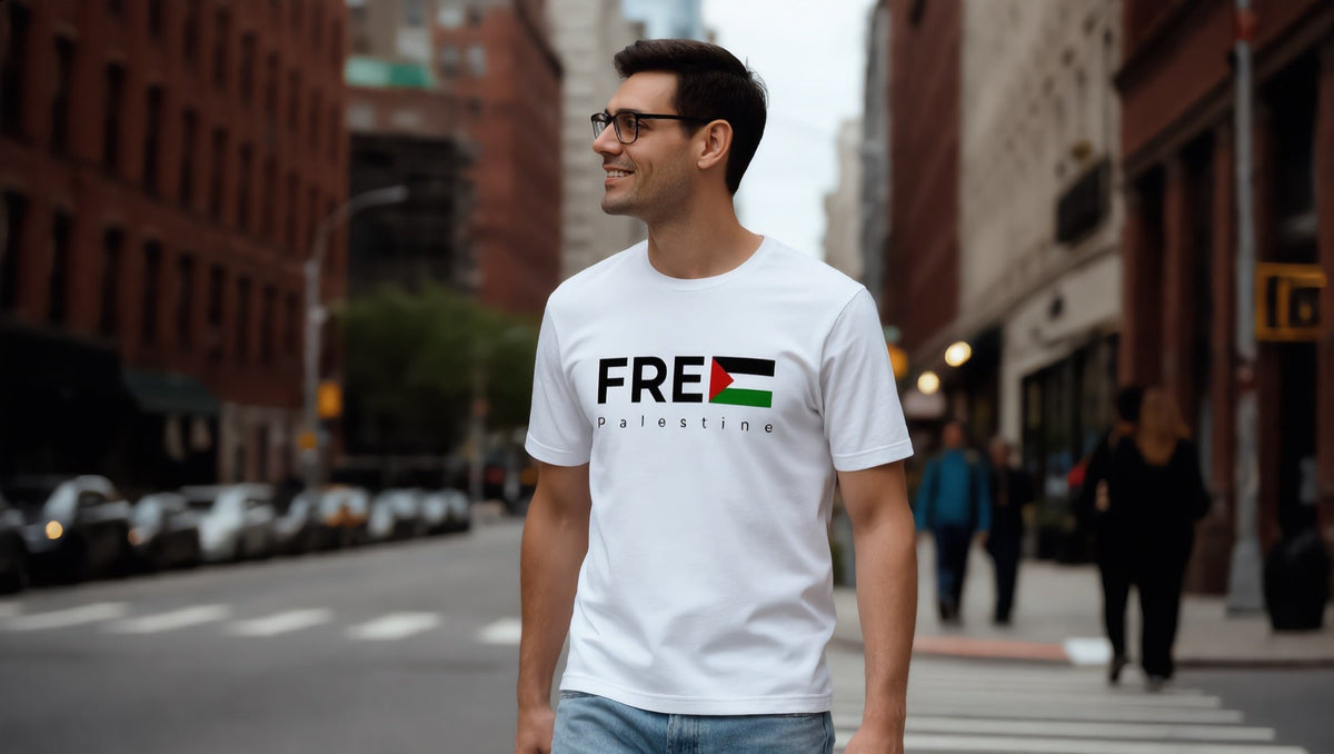 Man wearing a Free Palestine T-shirt on Fifth Avenue, Park Slope, Brooklyn