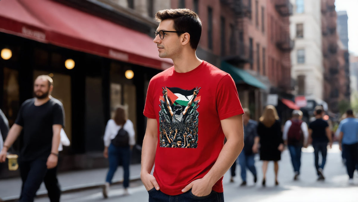 Man wearing a red Art by Moh freedom artwork t-shirt on Mulberry Street, Nolita, New York