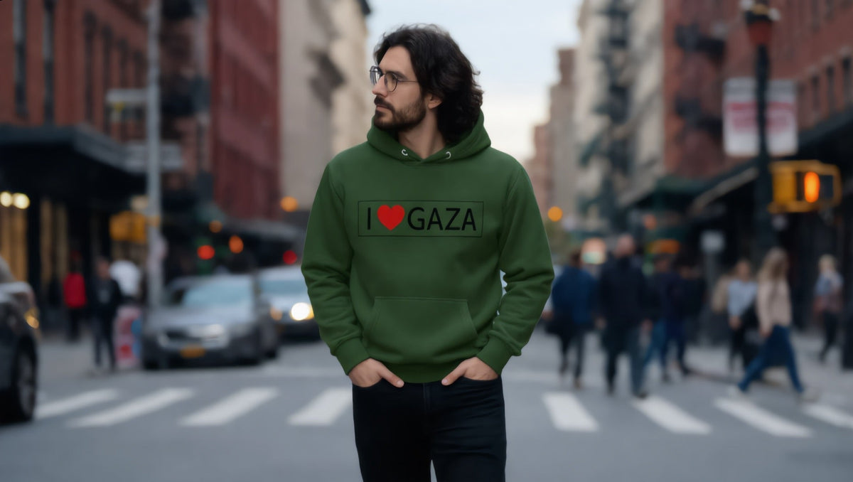 Man wearing an I Love Gaza hoodie on St Marks Place, East Village, New York