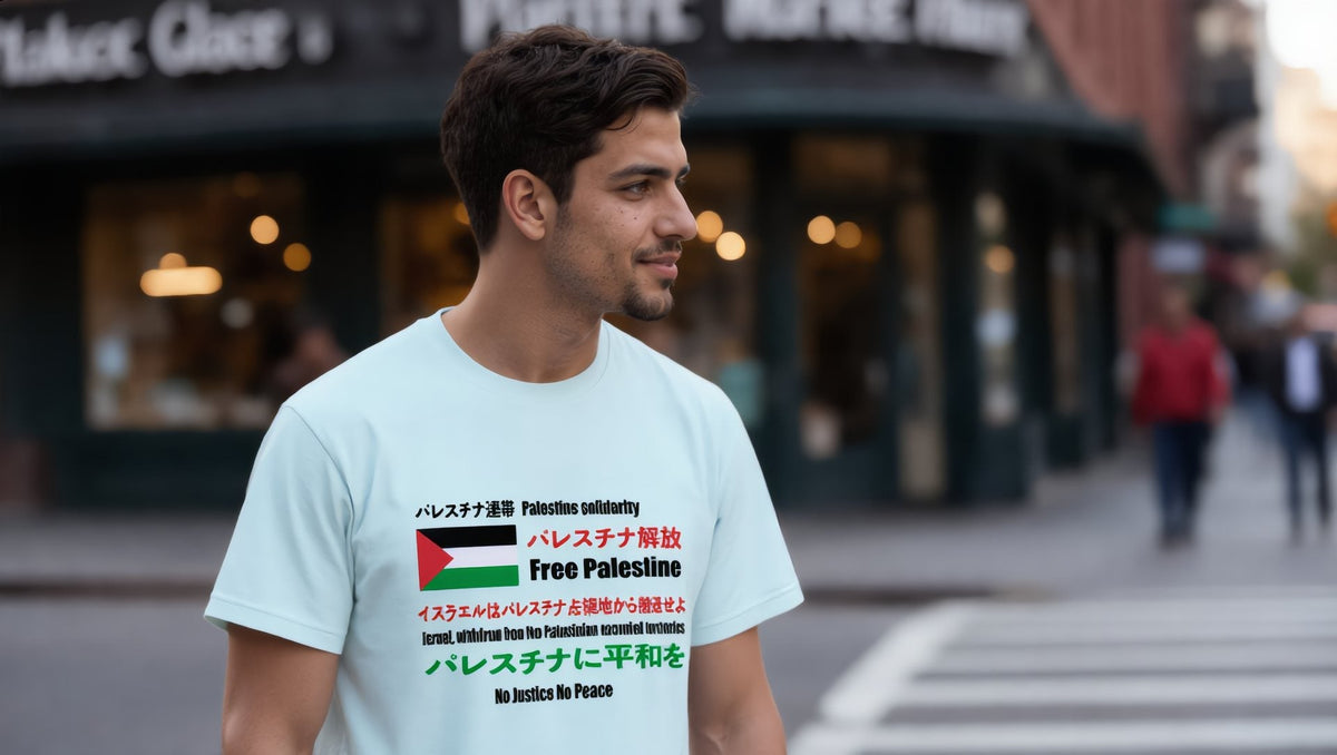 Man wearing a light blue Japanese Exclusive Free Palestine t-shirt in the East Village, New York