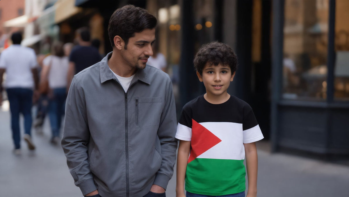 Father walking with a child in a Palestine flag all-over kids t-shirt in Cobble Hill, Brooklyn