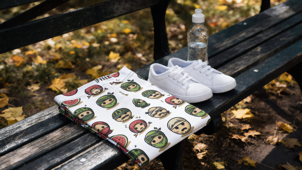 Palestine Emoji kids leggings folded on a park bench in Prospect Park, Brooklyn