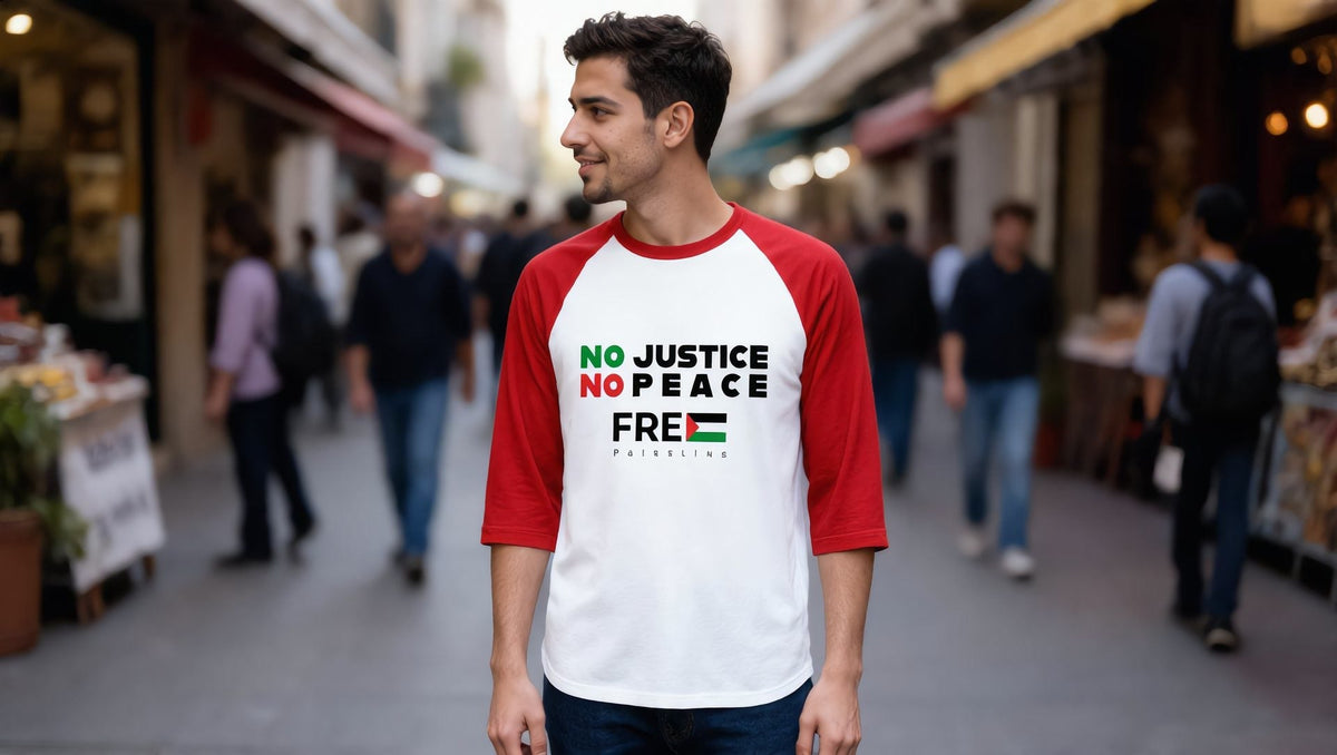 Man wearing a No Justice No Peace 3/4 sleeve raglan shirt on the Lower East Side, New York