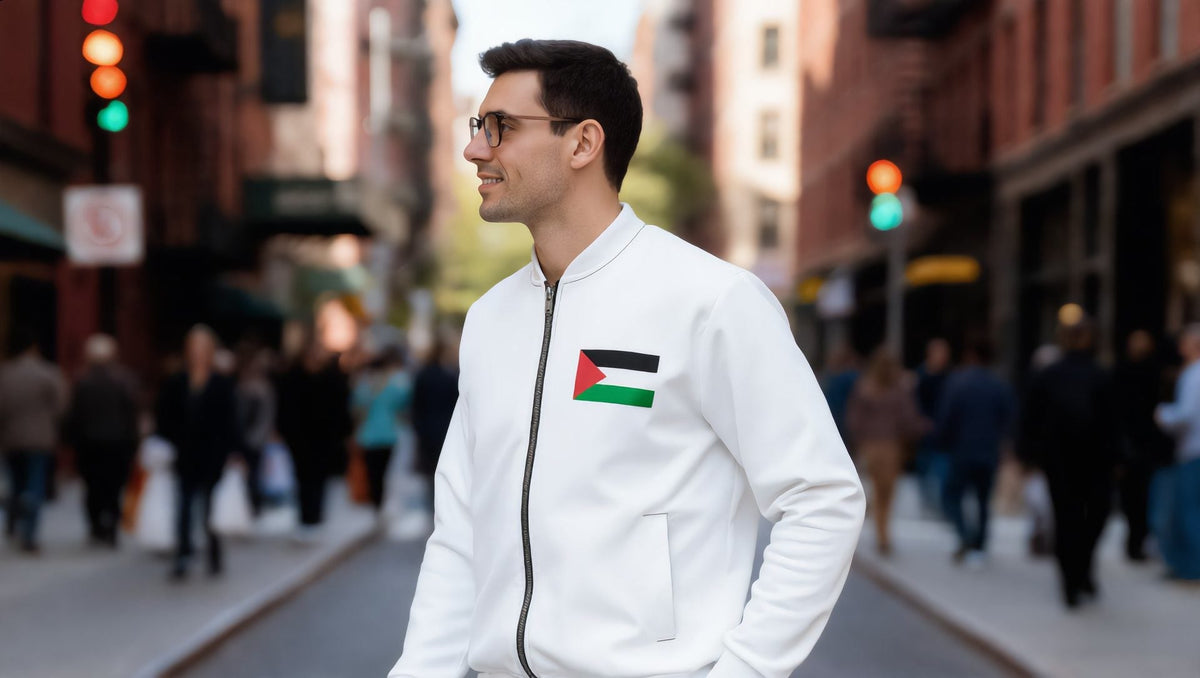 Man wearing a white bomber jacket with a Palestine flag badge in Tribeca, New York