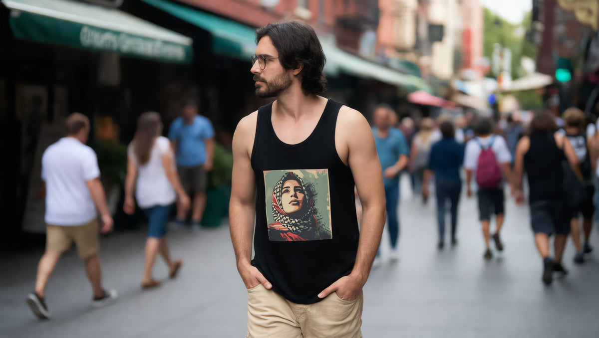 Man wearing a black tank top with a keffiyeh portrait print in Greenpoint, Brooklyn