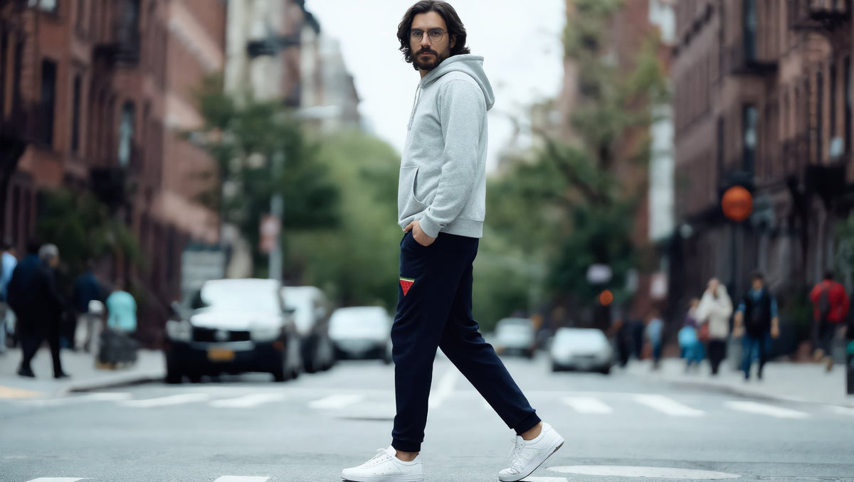Man wearing navy joggers with a watermelon triangle in Park Slope, Brooklyn