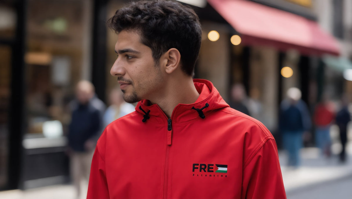 Man wearing a red Free Palestine packable jacket in the West Village, New York